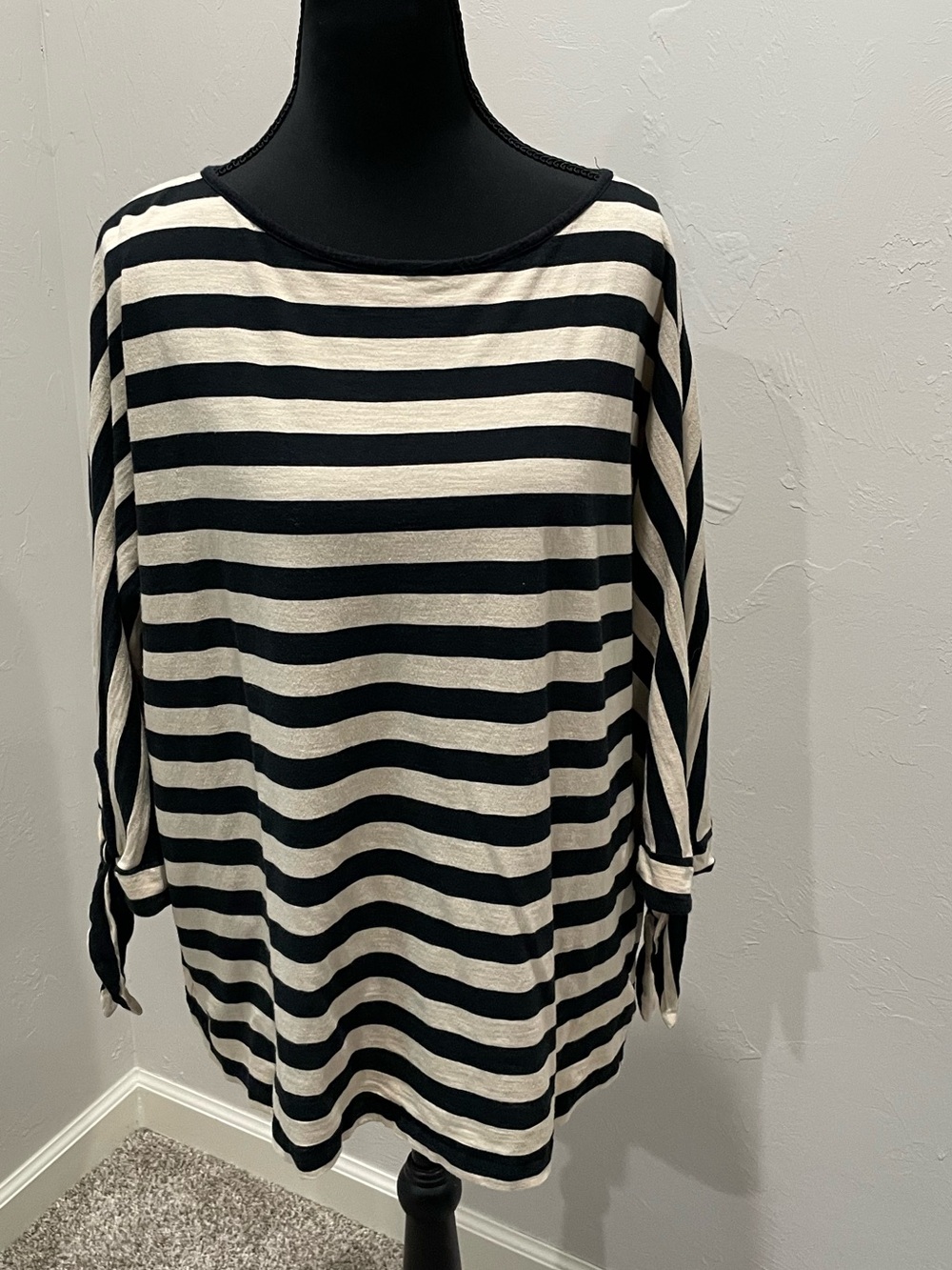 Chaps Black and Cream Striped Boatneck 3/4 Sleeve Top